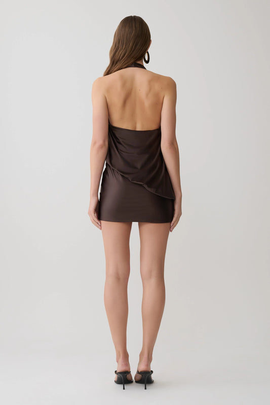 Arabel Draped Halter Mini Dress Chocolate Open Back Evening Wear