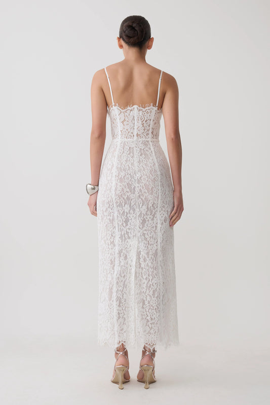 Ottilie Lace Mesh Midi Dress White Sweetheart Neckline Formal Wedding