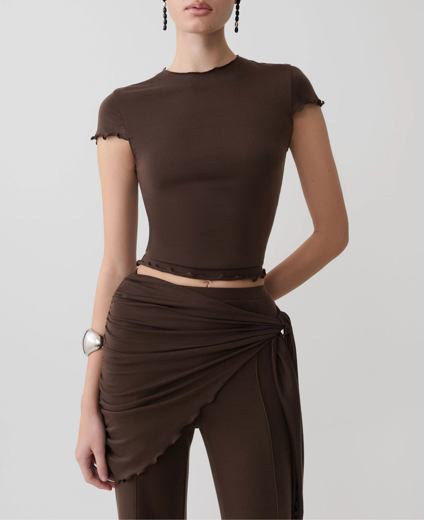 Anfie High Neck Top Piping Detail Dark Chocolate Structured