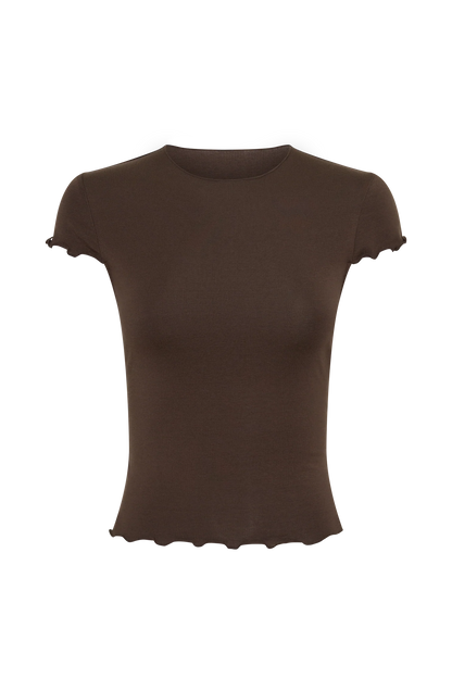Anfie High Neck Top Piping Detail Dark Chocolate Structured