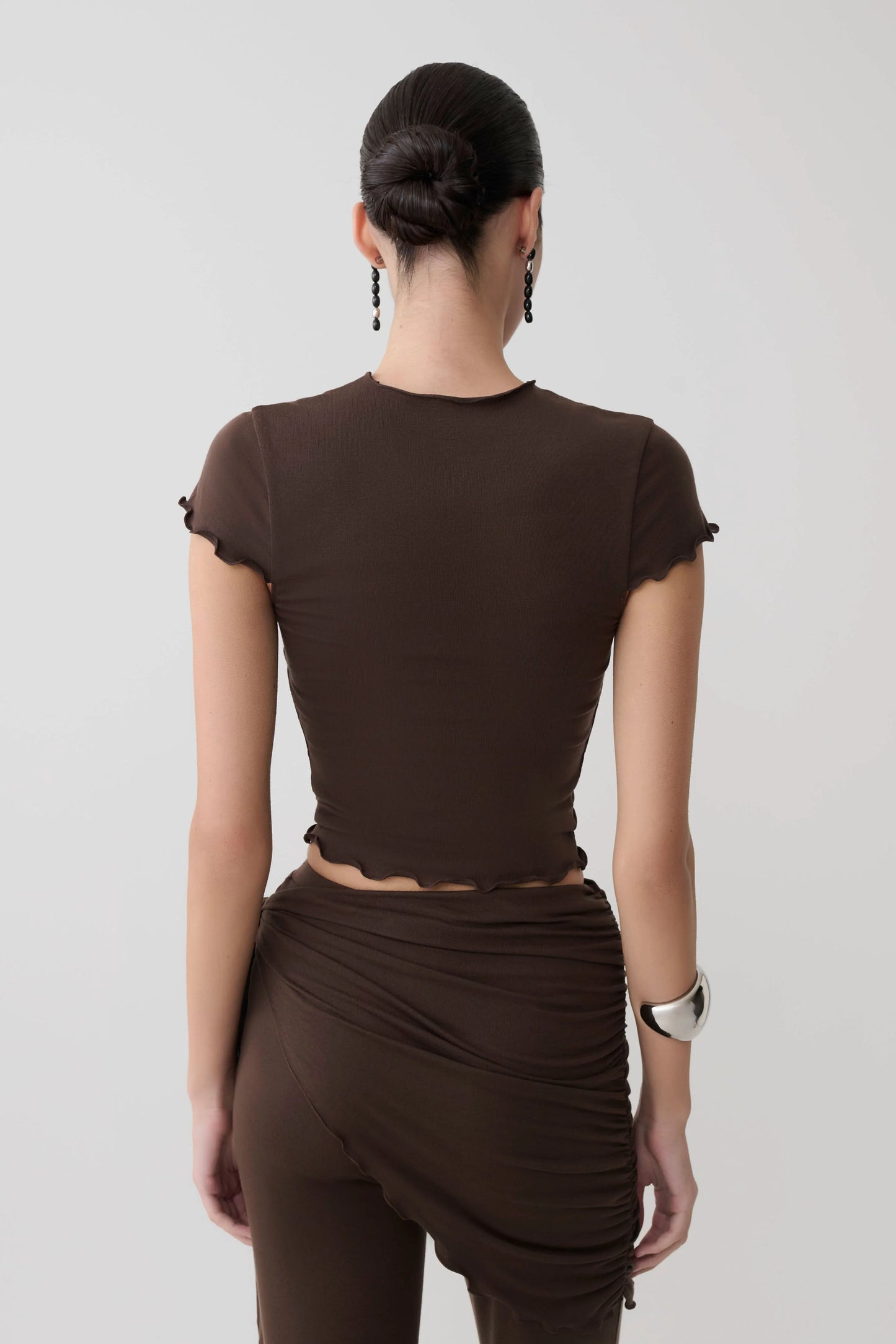 Anfie High Neck Top Piping Detail Dark Chocolate Structured