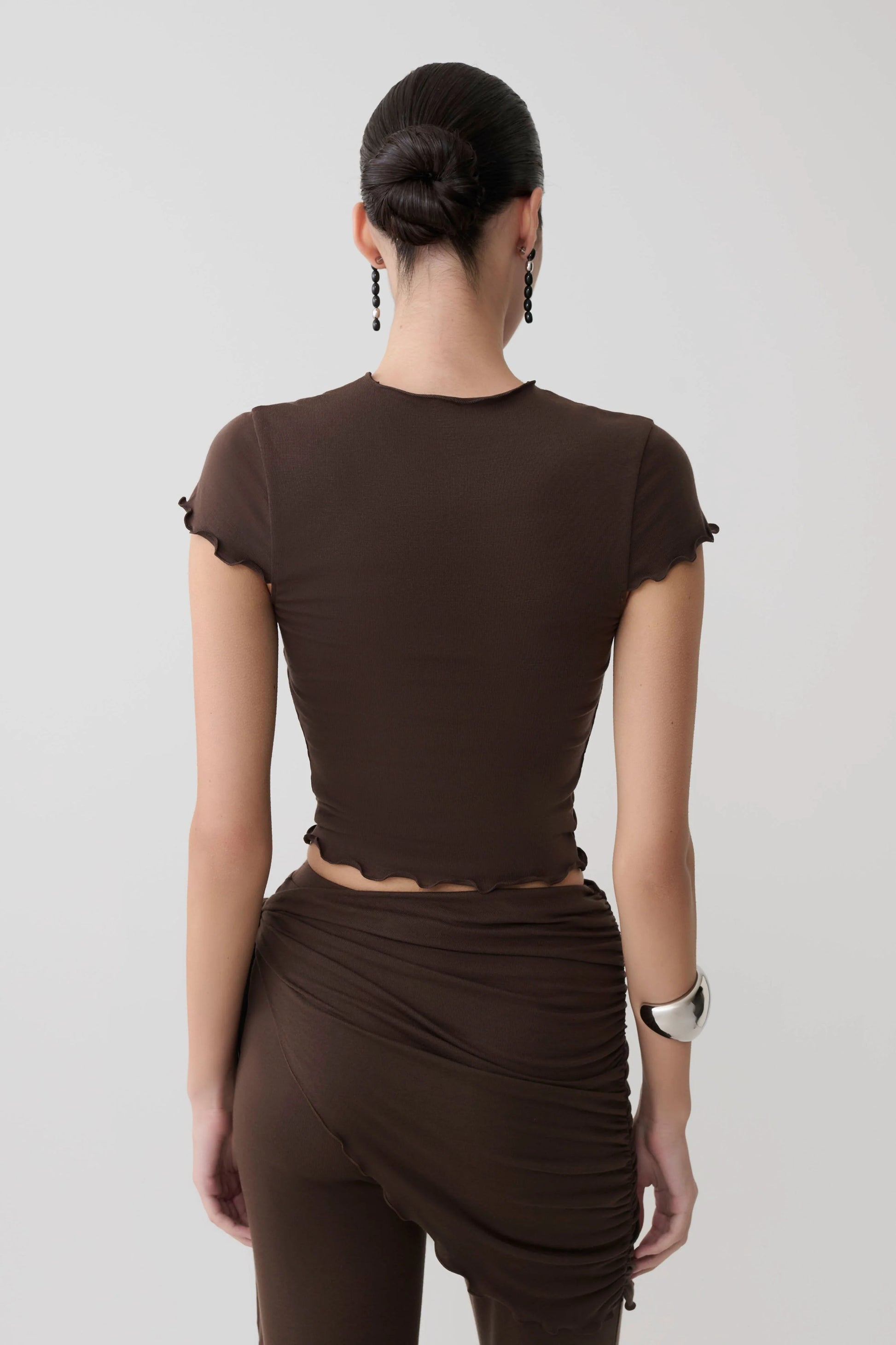 Anfie High Neck Top Piping Detail Dark Chocolate Structured