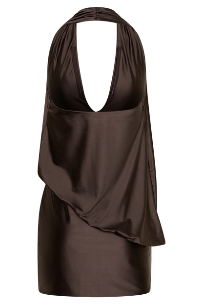 Arabel Draped Halter Mini Dress Chocolate Open Back Evening Wear