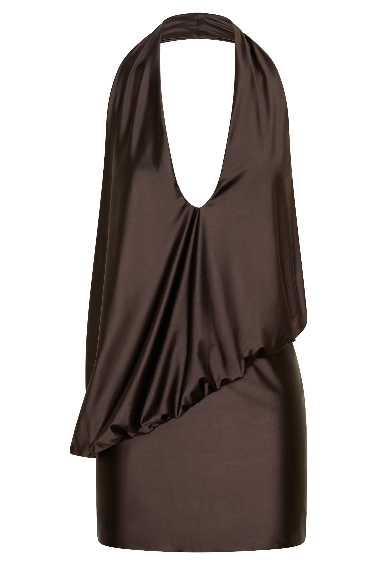 Arabel Draped Halter Mini Dress Chocolate Open Back Evening Wear