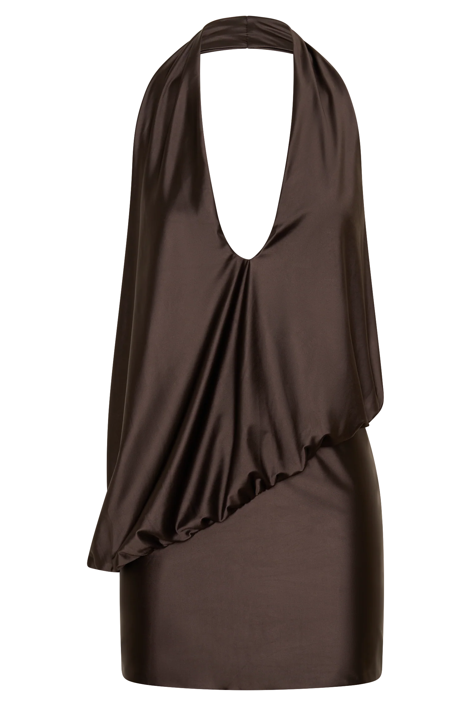 Arabel Draped Halter Mini Dress Chocolate Open Back Evening Wear