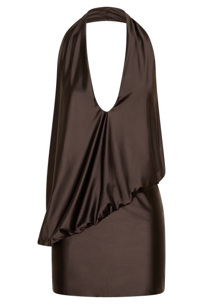 Arabel Draped Halter Mini Dress Chocolate Open Back Evening Wear