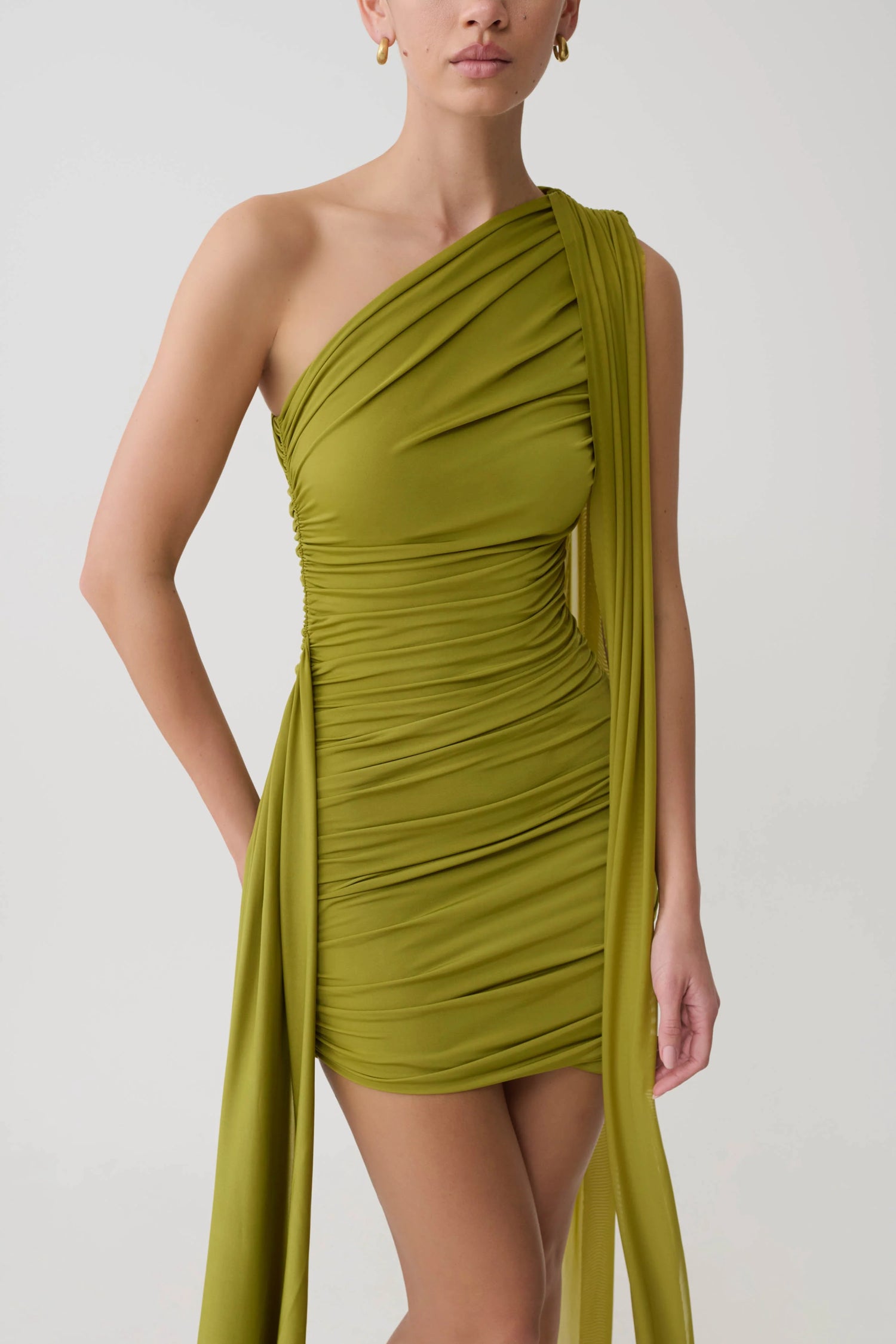 Asher Mini Dress Olive Sculptural Draping One Shoulder
