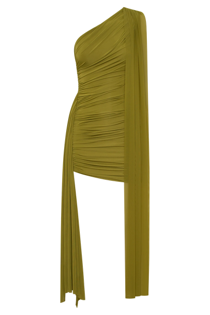 Asher Mini Dress Olive Sculptural Draping One Shoulder