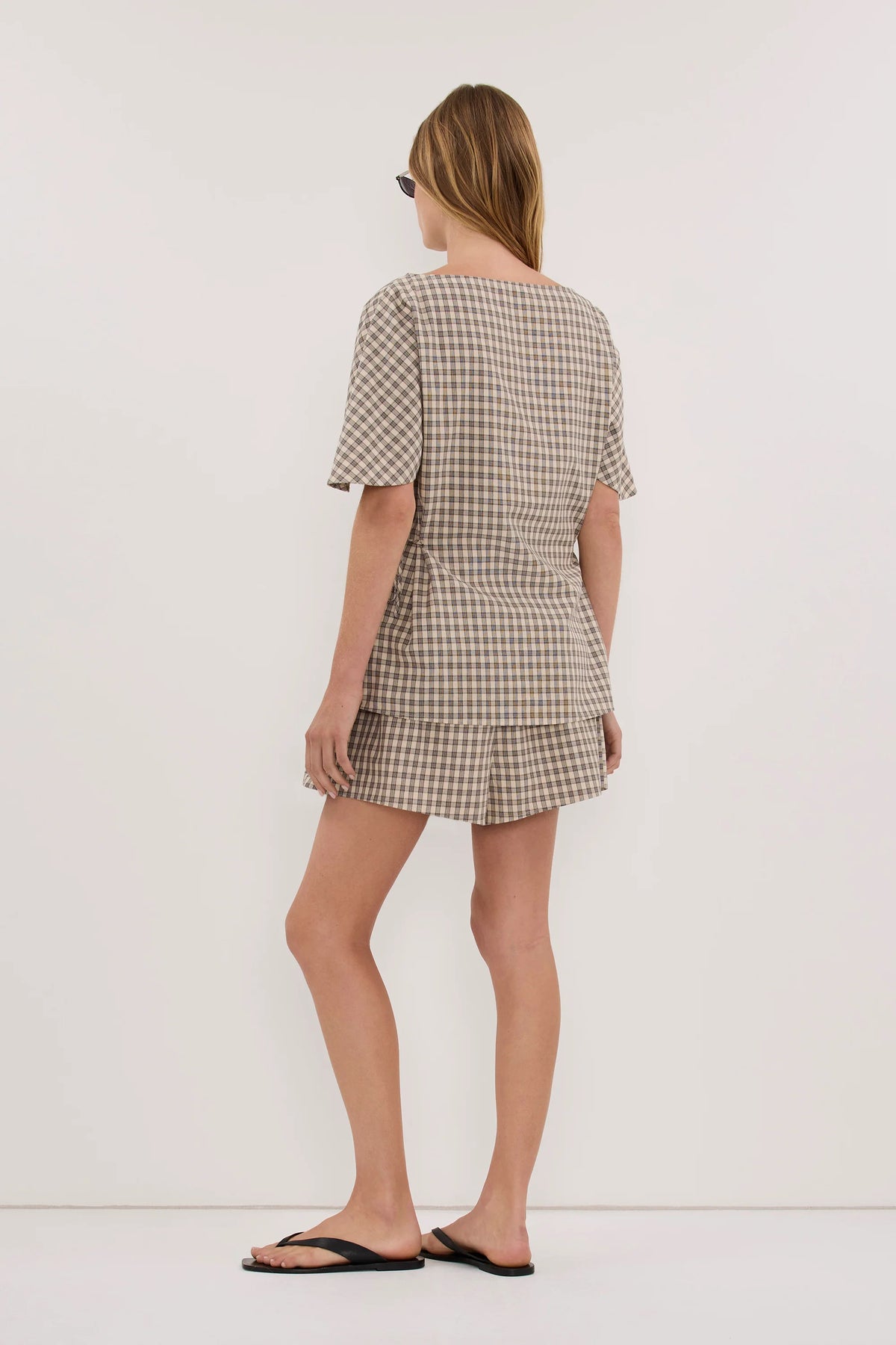 Casual Relaxed Fit Cotton Check Top for Women - Beige