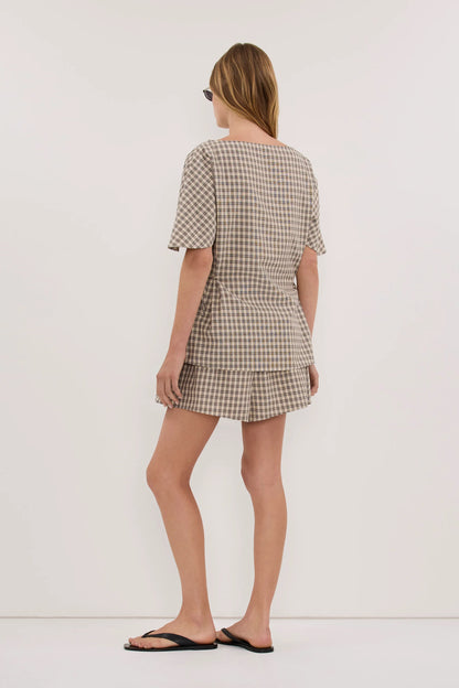 Casual Relaxed Fit Cotton Check Top for Women - Beige