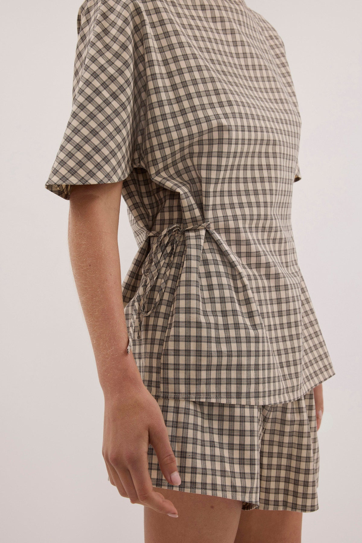 Casual Relaxed Fit Cotton Check Top for Women - Beige