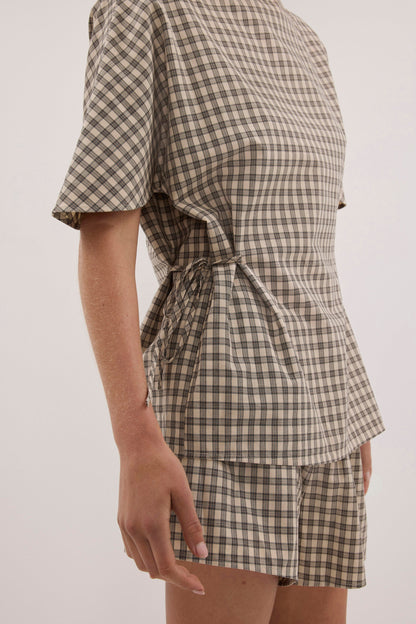 Casual Relaxed Fit Cotton Check Top for Women - Beige