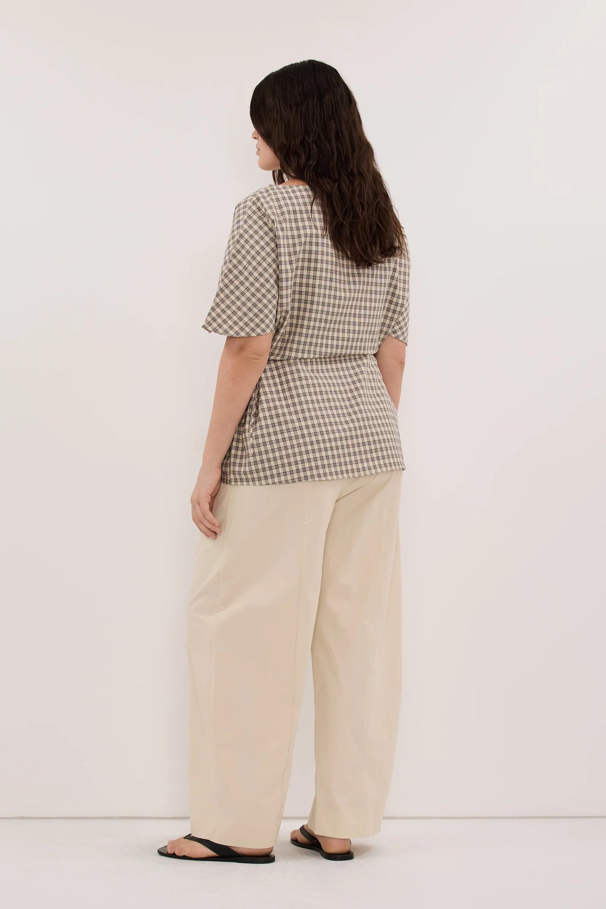 Casual Relaxed Fit Cotton Check Top for Women - Beige