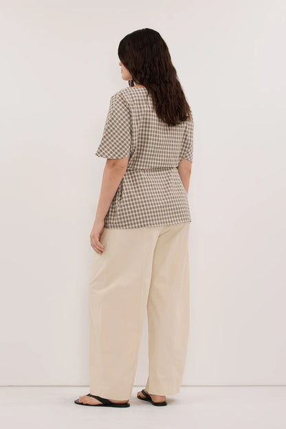 Casual Relaxed Fit Cotton Check Top for Women - Beige