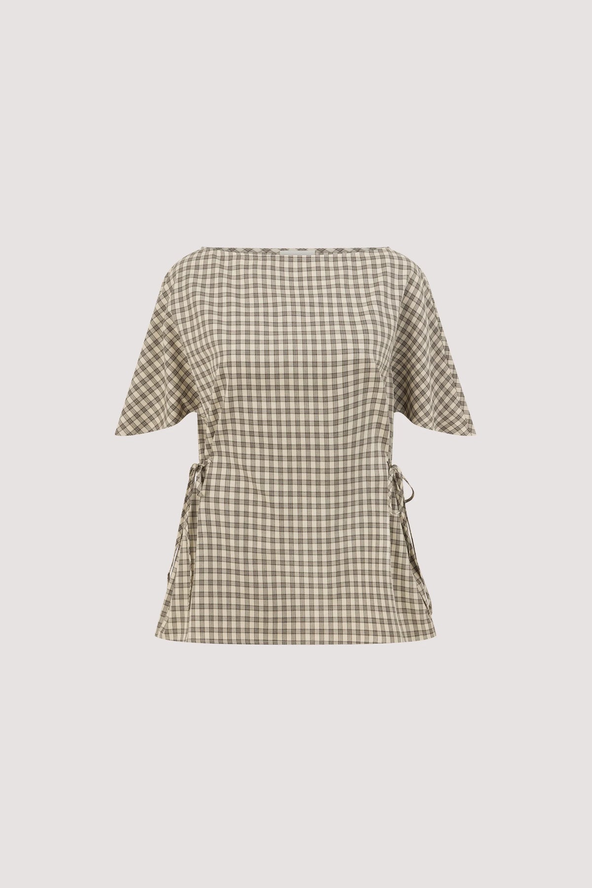 Casual Relaxed Fit Cotton Check Top for Women - Beige