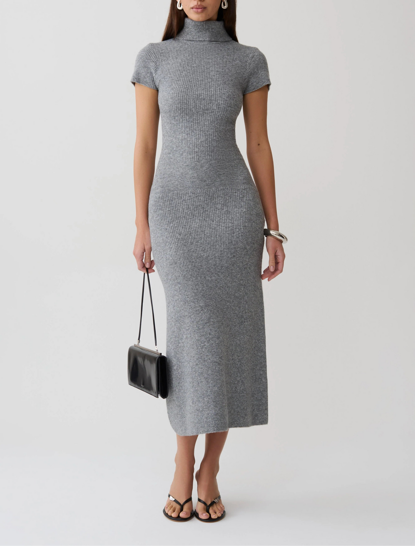 Goldie High Neck Knit Midi Dress Grey Marle Bodycon