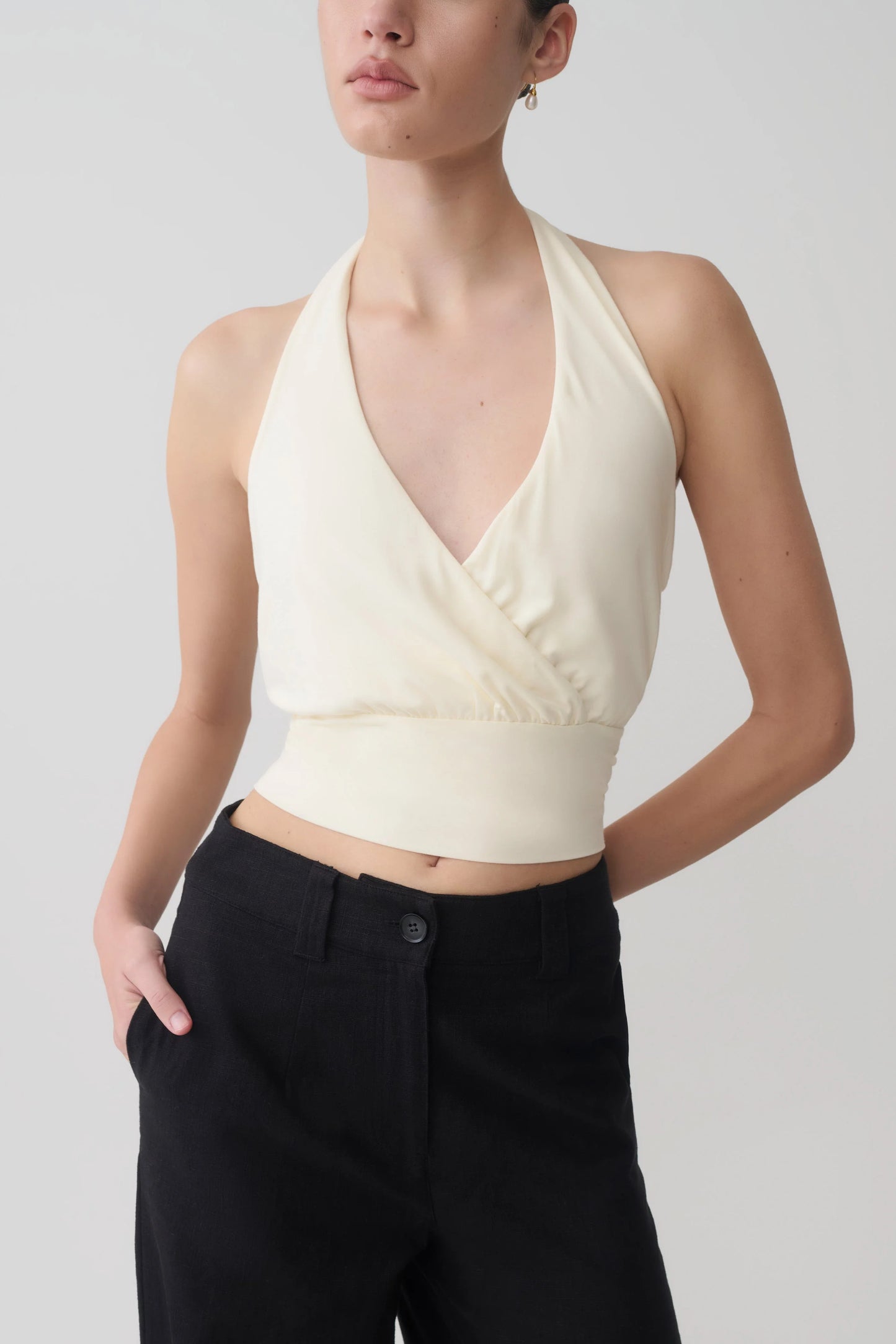 Jina Draped Halter Top Ivory Luxe Fabric Soft Sculpt