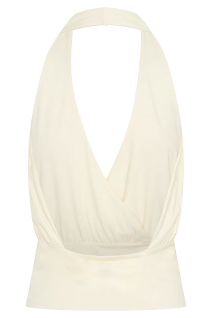 Jina Draped Halter Top Ivory Luxe Fabric Soft Sculpt