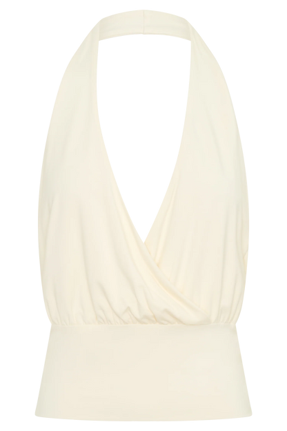 Jina Draped Halter Top Ivory Luxe Fabric Soft Sculpt