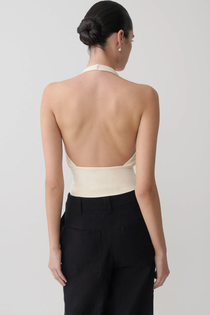 Jina Draped Halter Top Ivory Luxe Fabric Soft Sculpt