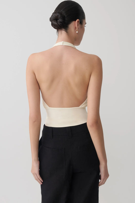 Jina Draped Halter Top Ivory Luxe Fabric Soft Sculpt