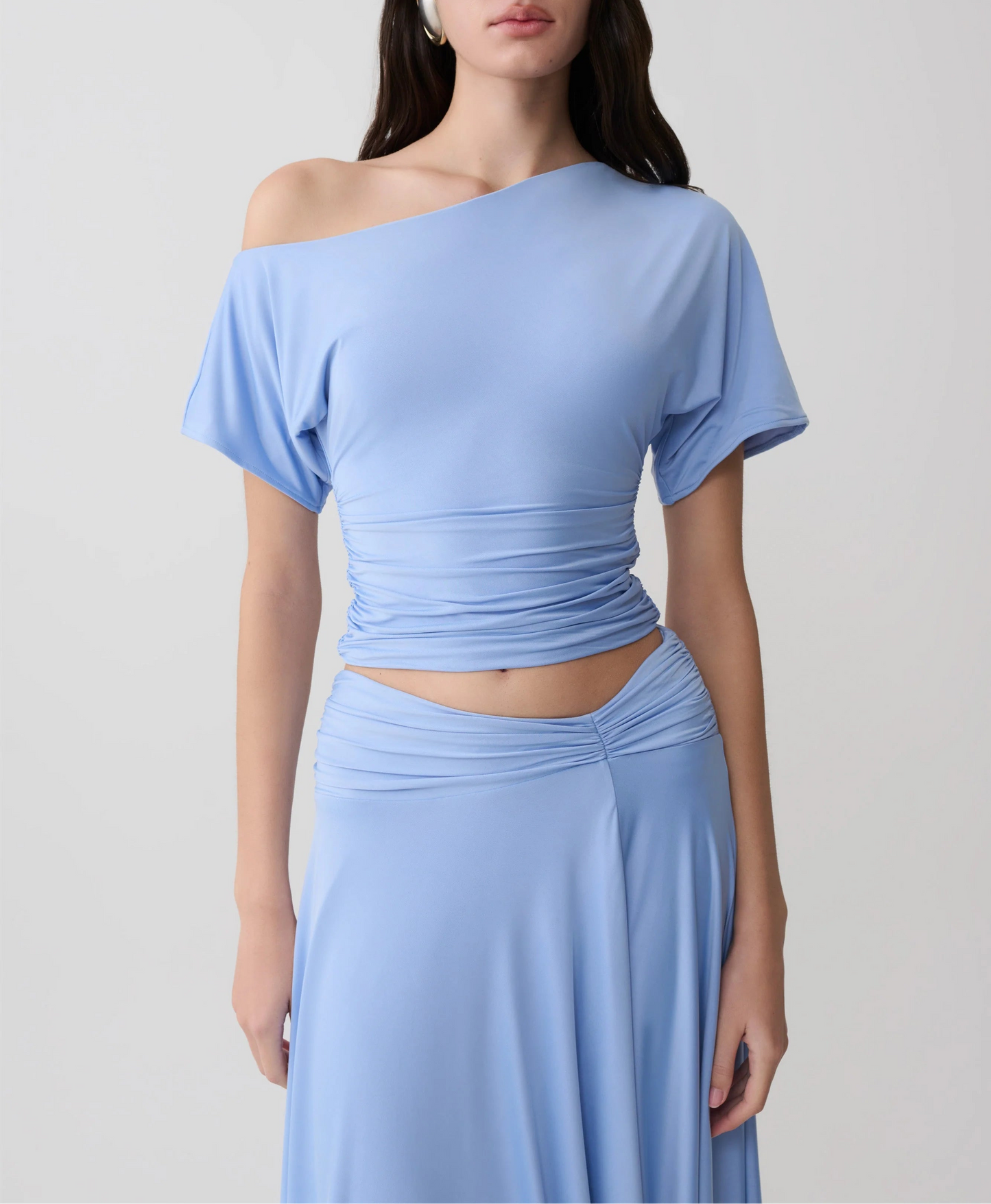 Luu Off Shoulder Slinky Top Sea Blue Coastal Elegant