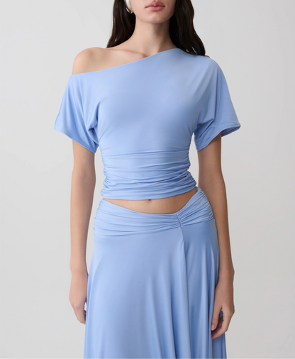 Luu Off Shoulder Slinky Top Sea Blue Coastal Elegant