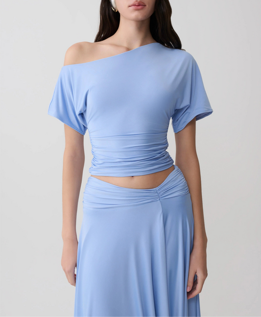 Luu Off Shoulder Slinky Top Sea Blue Coastal Elegant