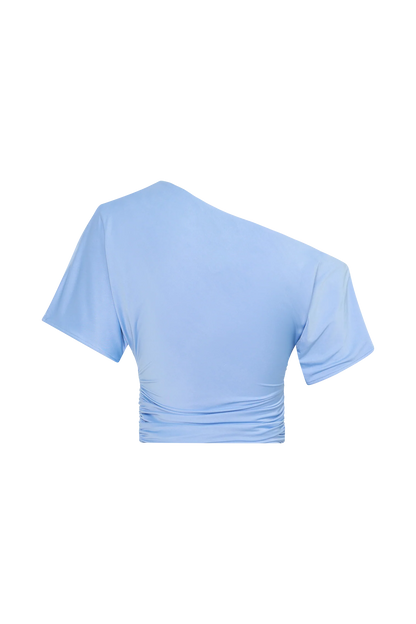 Luu Off Shoulder Slinky Top Sea Blue Coastal Elegant