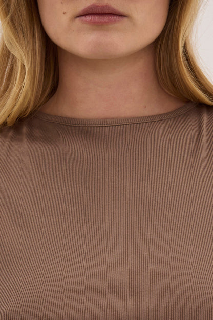 Mushroom-Colored Boat Neck Ribbed Knit Tank Top for Women