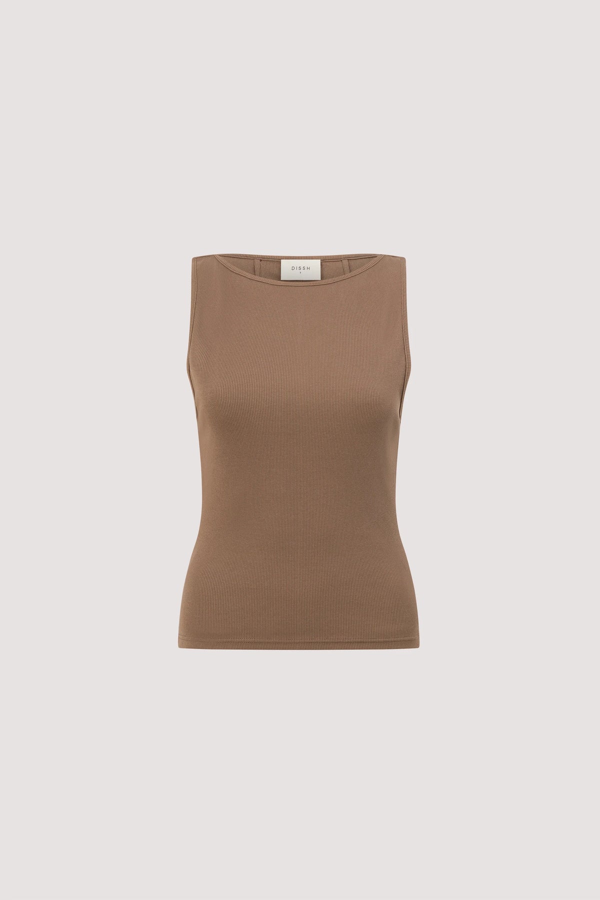 Mushroom-Colored Boat Neck Ribbed Knit Tank Top for Women
