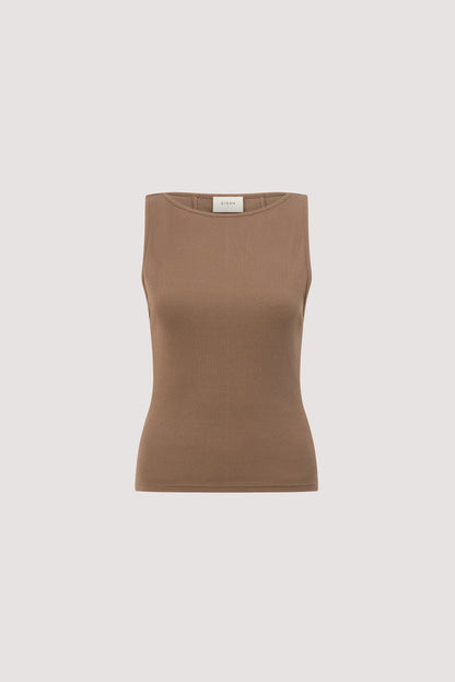 Mushroom-Colored Boat Neck Ribbed Knit Tank Top for Women