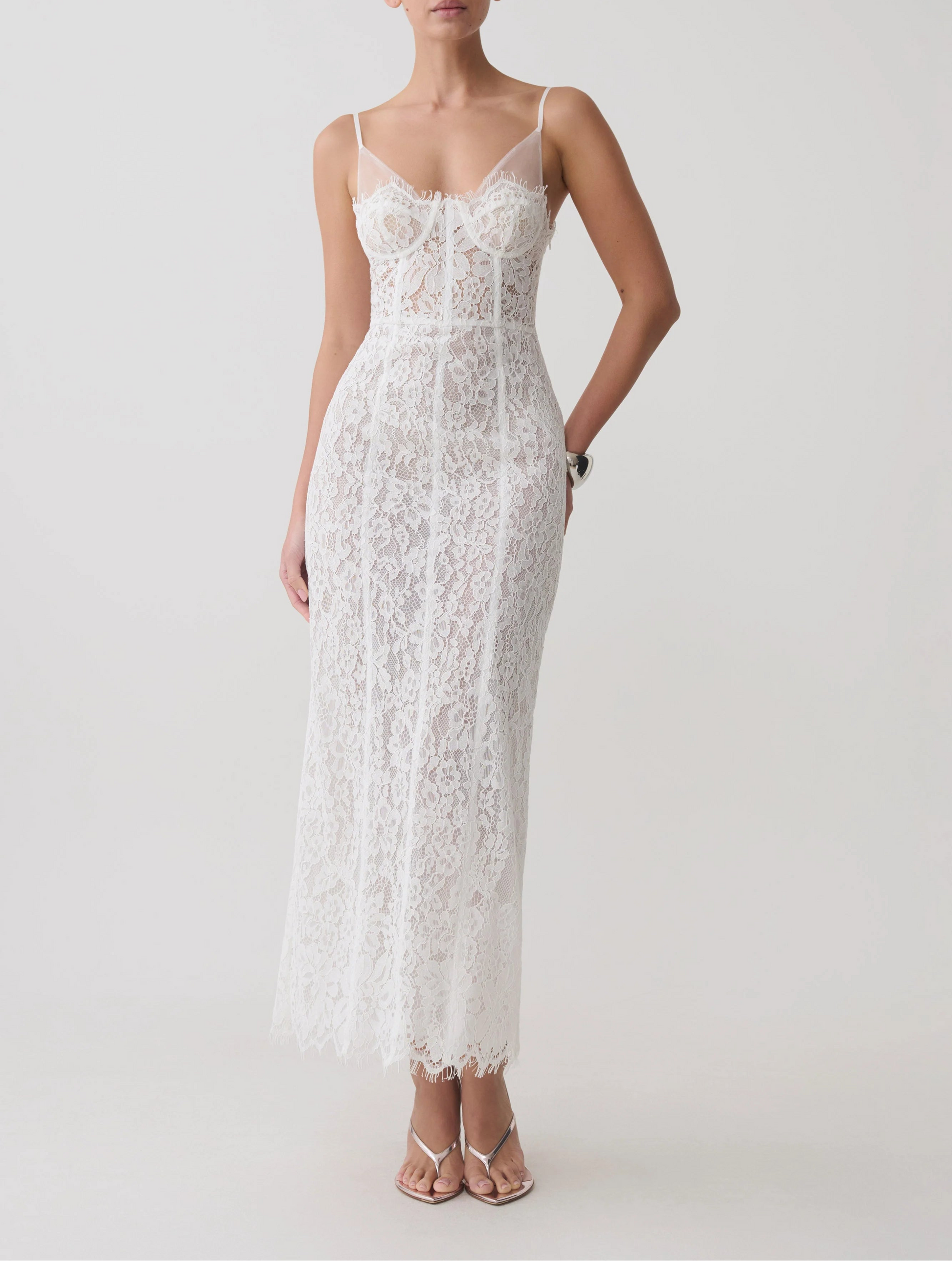 Ottilie Lace Mesh Midi Dress White Sweetheart Neckline Formal Wedding
