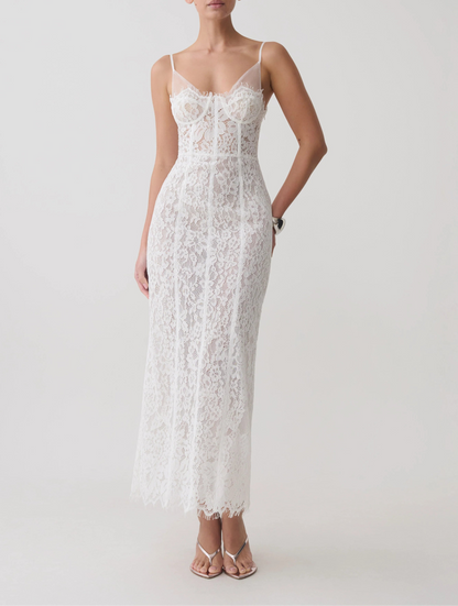 Ottilie Lace Mesh Midi Dress White Sweetheart Neckline Formal Wedding