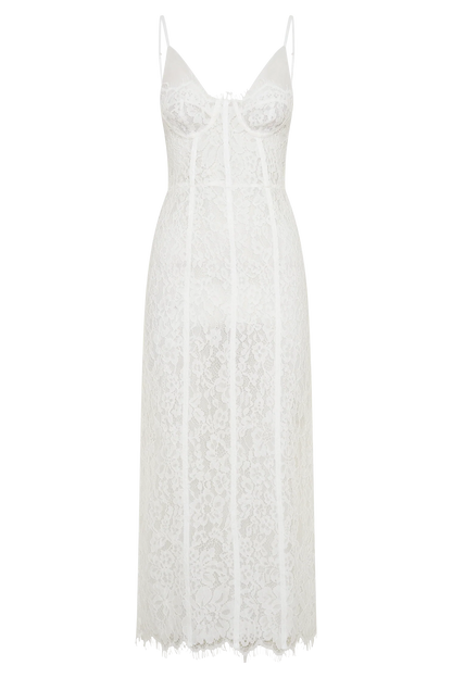 Ottilie Lace Mesh Midi Dress White Sweetheart Neckline Formal Wedding