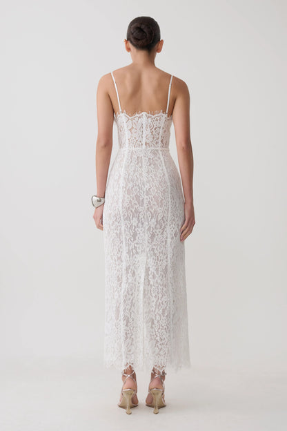 Ottilie Lace Mesh Midi Dress White Sweetheart Neckline Formal Wedding